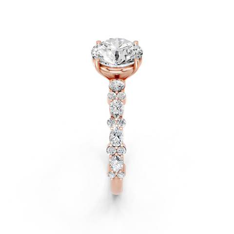Rose gold Round Solitaire with Side Stones, Pave Band, Four-Prong Setting