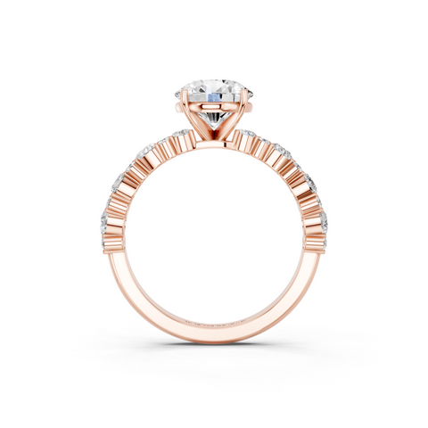 Rose gold Round Solitaire with Side Stones, Pave Band, Four-Prong Setting