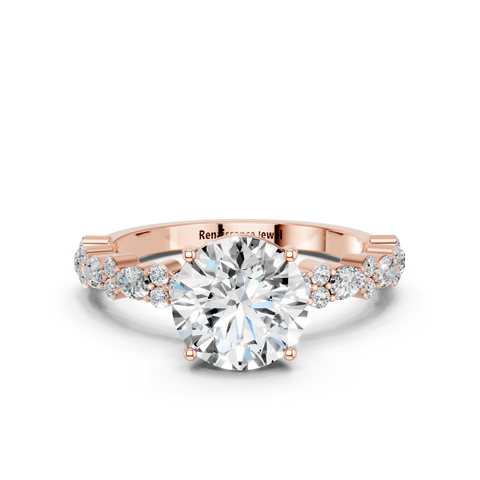 Rose gold Round Solitaire with Side Stones, Pave Band, Four-Prong Setting