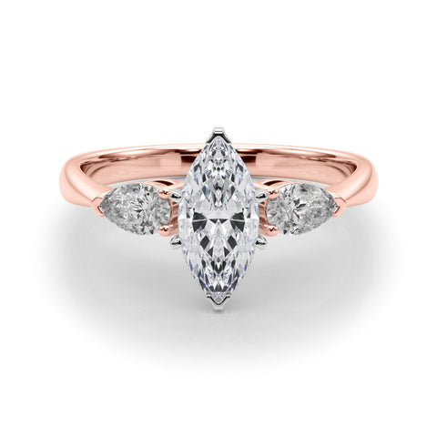 Rose gold Three-Stone Marquise Diamond Ring with Pear Side Stones in Four-Prong Setting