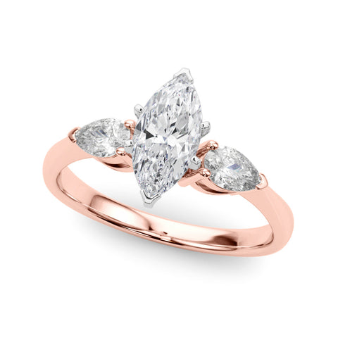 Rose gold Three-Stone Marquise Diamond Ring with Pear Side Stones in Four-Prong Setting