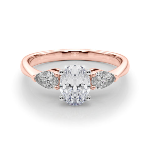 Rose gold Three-Stone Oval Diamond Ring with Pear Side Stones in Four-Prong Setting