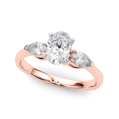 Rose gold Three-Stone Oval Diamond Ring with Pear Side Stones in Four-Prong Setting
