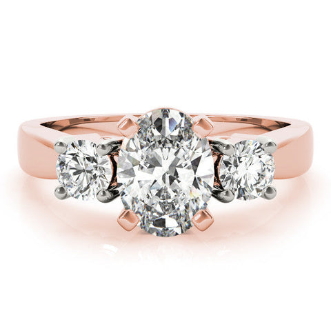 Rose gold Three-Stone Oval Diamond Ring with Round Side Stones, Classic Band, and Four-Prong Setting