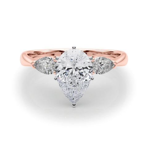 Rose gold Three-Stone Pear Diamond Ring with Pear Side Stones in Four-Prong Setting