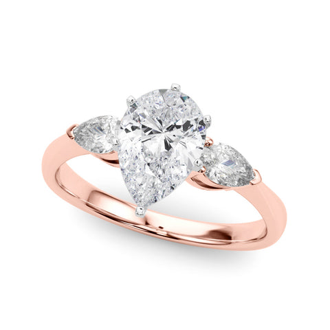 Rose gold Three-Stone Pear Diamond Ring with Pear Side Stones in Four-Prong Setting
