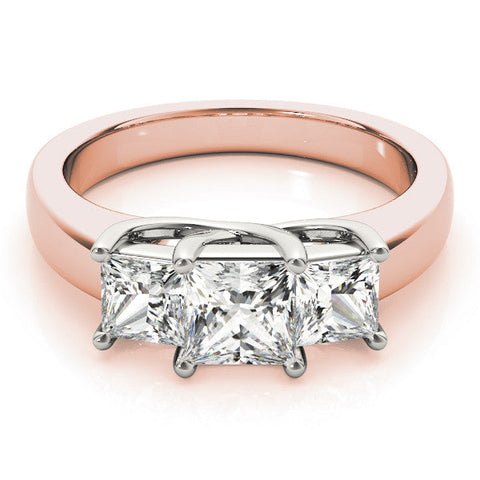 Rose gold Three-Stone Princess Cut Diamond Ring with Cathedral Band and Four-Prong Setting