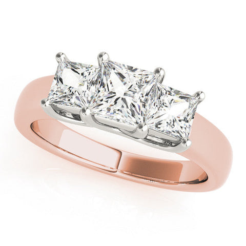 Rose gold Three-Stone Princess Cut Diamond Ring with Cathedral Band and Four-Prong Setting