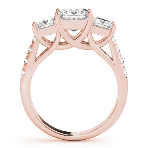 Rose gold Three-Stone Princess Cut Diamond Ring with Pavé Band and Prong Setting
