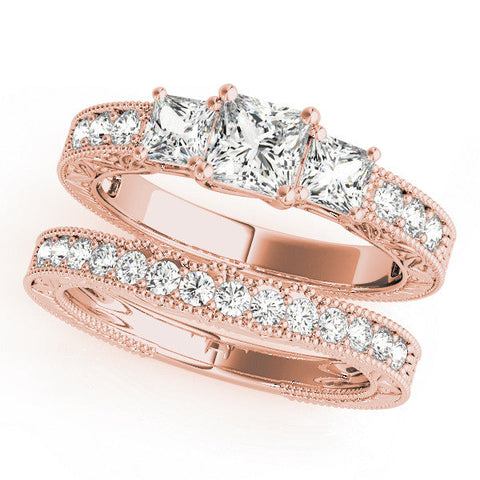 Rose gold Three-Stone Princess Cut Milgrain Pavé Engagement Ring