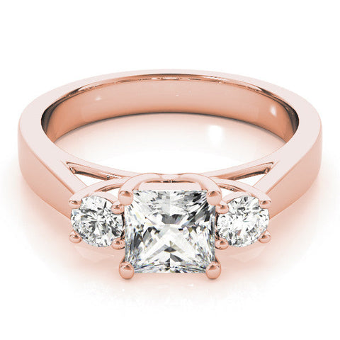 Rose gold Three-Stone Princess Cut Solitaire Ring with Round Side Stones and Four-Prong Setting