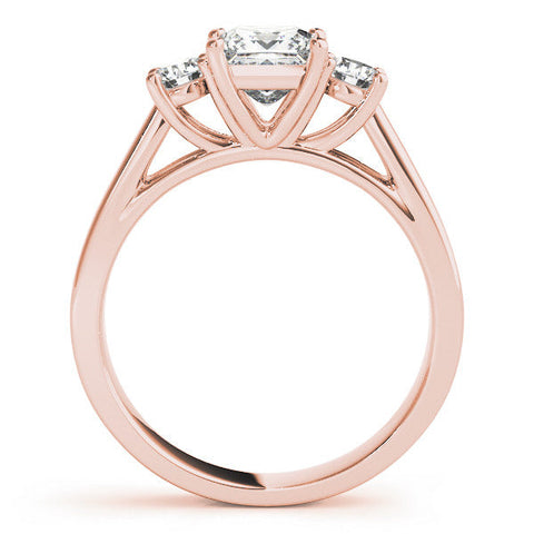 Rose gold Three-Stone Princess Cut Solitaire Ring with Round Side Stones and Four-Prong Setting