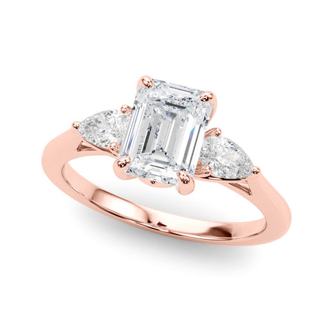 Rose gold Three-Stone Radiant Cut Diamond Ring with Pear Side Stones in Four-Prong Setting