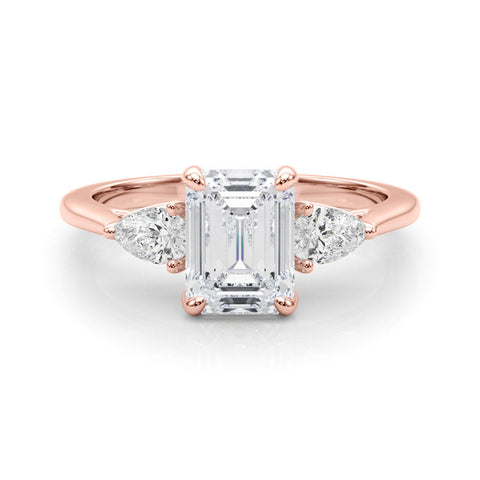 Rose gold Three-Stone Radiant Cut Diamond Ring with Pear Side Stones in Four-Prong Setting