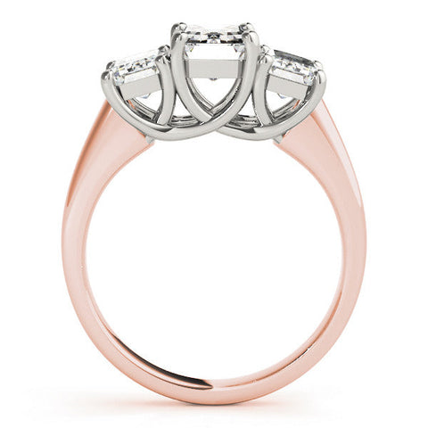 Rose gold Three-Stone Emerald Cut Diamond Ring with Prong Setting and Classic Band