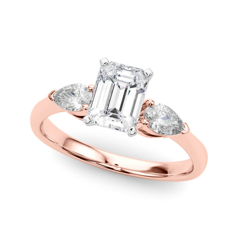 Rose gold Three-Stone Radiant Diamond Ring with Pear Side Stones in Four-Prong Setting