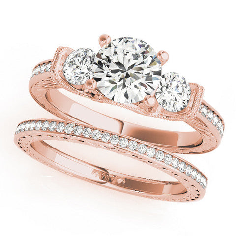 Rose gold Three-Stone Round Cut Milgrain Pave Band Prong Setting Ring