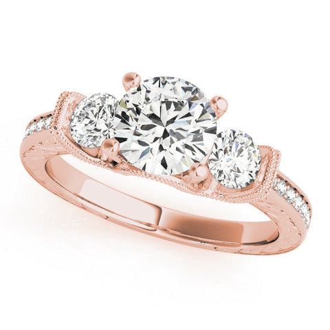 Rose gold Three-Stone Round Cut Milgrain Pave Band Prong Setting Ring
