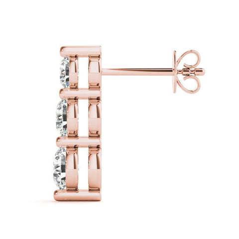 Rose gold Three-Stone Round Diamond Drop Earrings with Prong Setting on White Gold