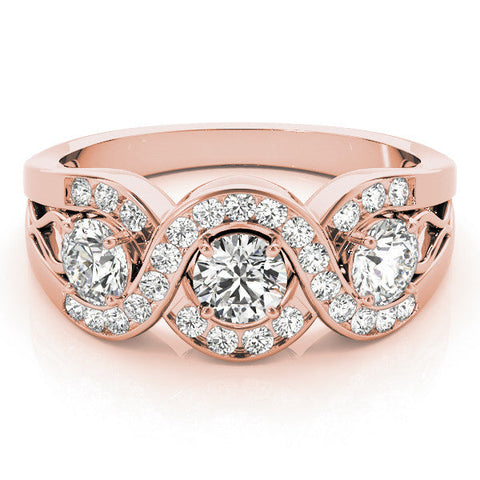 Rose gold Three-Stone Round Diamond Wave Pave Band with Prong Setting