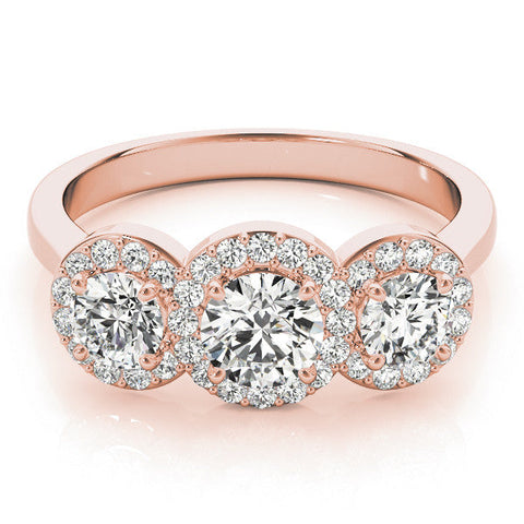 Rose gold Three-Stone Round Halo Diamond Ring with Pavé Band and Prong Setting