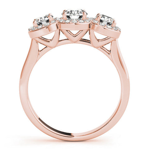 Rose gold Three-Stone Round Halo Diamond Ring with Pavé Band and Prong Setting