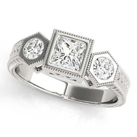 Platinum Bezel-Set Princess and Round Cut Milgrain Band Ring