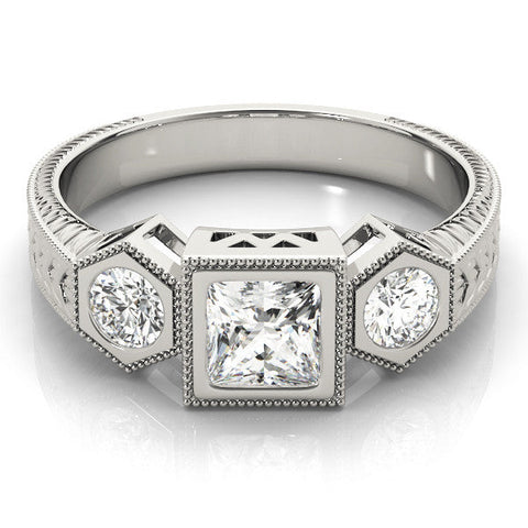 White gold Bezel-Set Princess and Round Cut Milgrain Band Ring