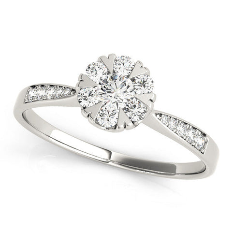 Platinum Cluster Round Diamond Pavé Band Flower Prong Setting Ring