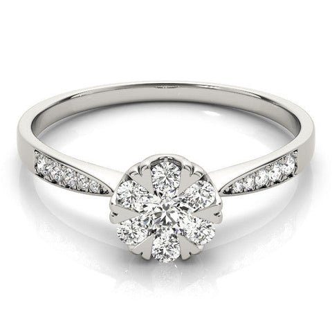 Platinum Cluster Round Diamond Pavé Band Flower Prong Setting Ring