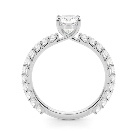 White gold Cushion Cut Diamond Pavé Band Solitaire with Four-Prong Setting