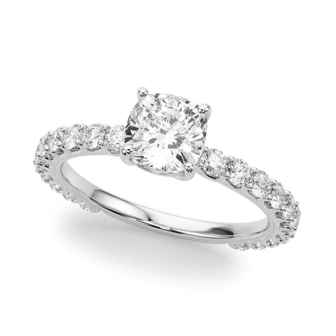 Platinum Cushion Cut Diamond Pavé Band Solitaire with Four-Prong Setting
