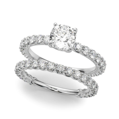 Platinum Cushion Cut Diamond Pavé Band Solitaire with Four-Prong Setting