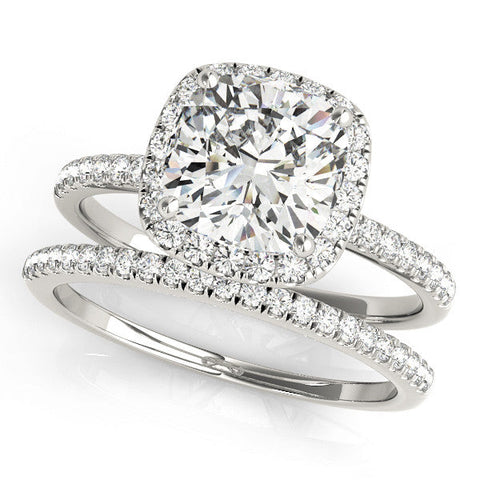 Platinum Cushion Cut Halo Diamond Engagement Ring with Pave Band and Four-Prong Setting