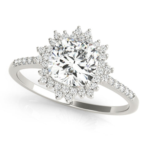 Platinum Cushion Cut Halo Diamond Ring with Pave Band and Four-Prong Setting