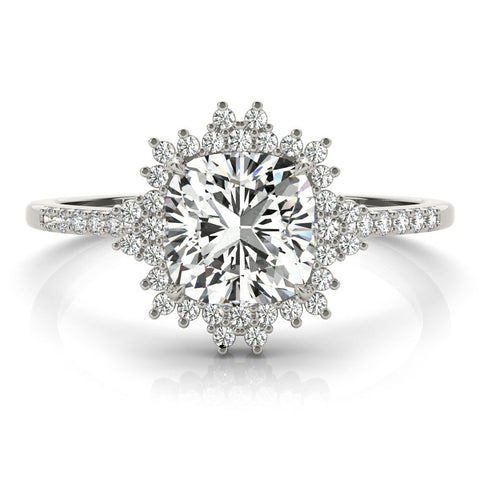 White gold Cushion Cut Halo Diamond Ring with Pave Band and Four-Prong Setting