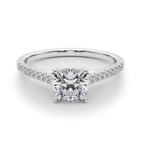 White gold Cushion Cut Solitaire Diamond Ring with Pave Band and Four-Prong Setting