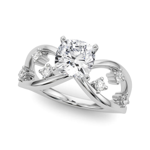 Platinum Cushion Cut Solitaire Diamond with Side Stones on Criss-Cross Band and Four-Prong Setting