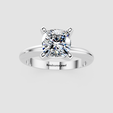 White gold Cushion Cut Solitaire Engagement Ring with Round Band and Four-Prong Setting
