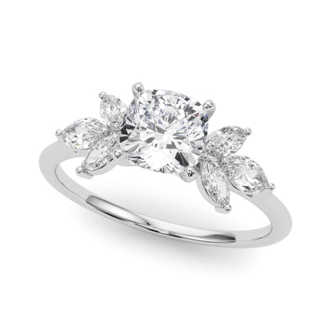 Platinum Cushion Diamond Floral Cluster Ring with Marquise Side Stones and Six-Prong Solitaire Setting