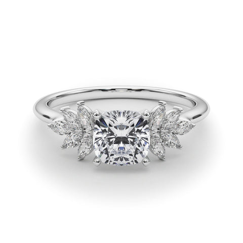 White gold Cushion Diamond Floral Side Stone Solitaire with Marquise Accents and Four-Prong Setting