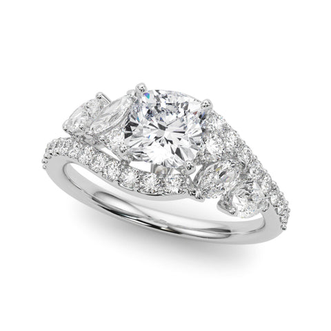 Platinum Cushion Diamond Halo Ring with Marquise and Pavé Band in Prong Setting