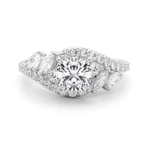 Platinum Cushion Diamond Halo Ring with Marquise and Pavé Band in Prong Setting