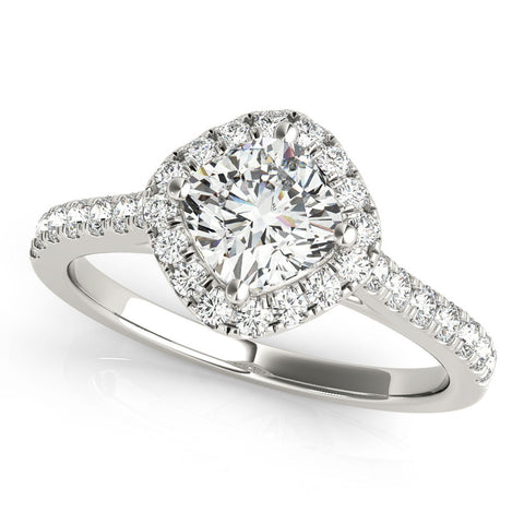 White gold Cushion Halo Diamond Engagement Ring with Pave Band and Four-Prong Setting