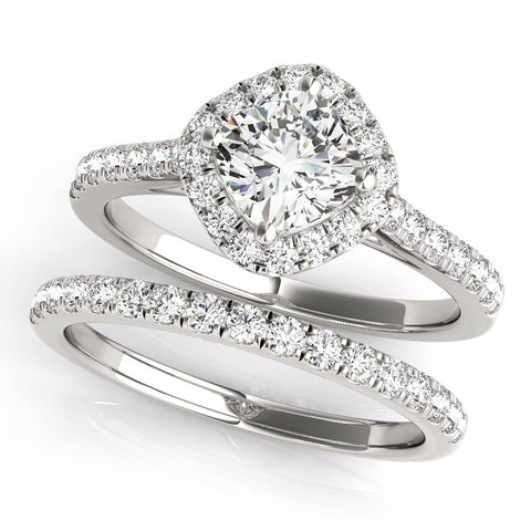 Platinum Cushion Halo Diamond Engagement Ring with Pave Band and Four-Prong Setting
