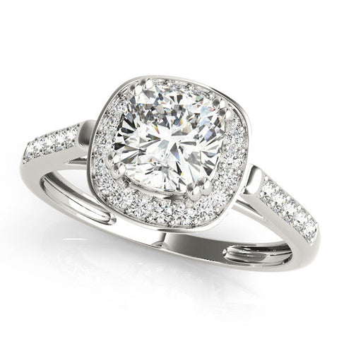 White gold Cushion Halo Diamond Ring with Split Shank and Four-Prong Setting
