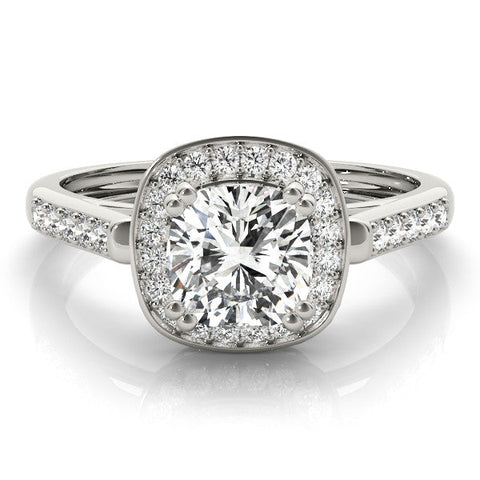 Platinum Cushion Halo Diamond Ring with Split Shank and Four-Prong Setting