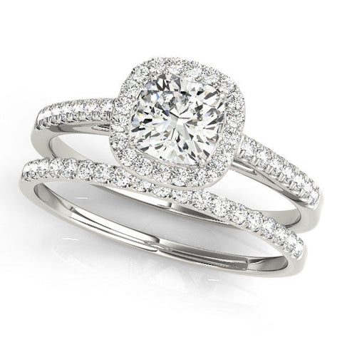 Platinum Cushion Halo Pave Diamond Engagement Ring with Four-Prong Setting