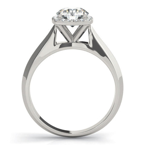 Platinum Cushion Halo Round Brilliant Solitaire Ring with Tapered Band and Four-Prong Setting