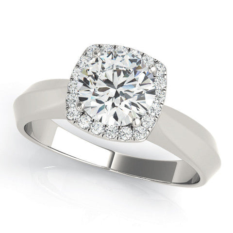 White gold Cushion Halo Round Brilliant Solitaire Ring with Tapered Band and Four-Prong Setting